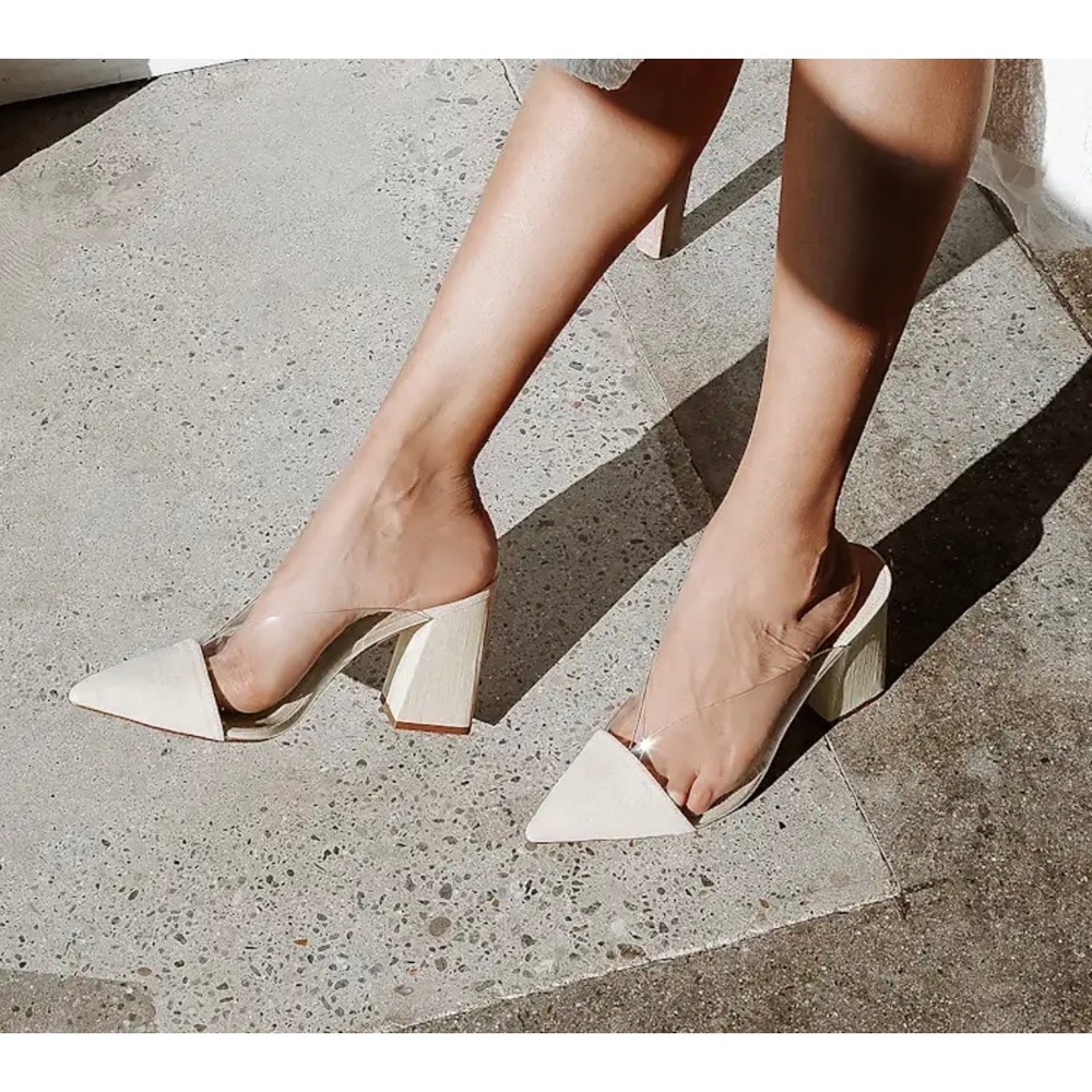 Lulus Cream Pointed Toe Clear Strap Wood Grain Block Heel Mules Size 8.5